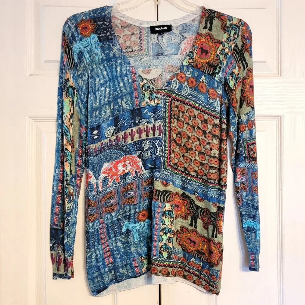 Desigual Soft Wool Safari Abstract V Neck Sweater